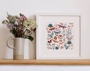 Inky Flowers, Snail and Moth Giclée Art Print