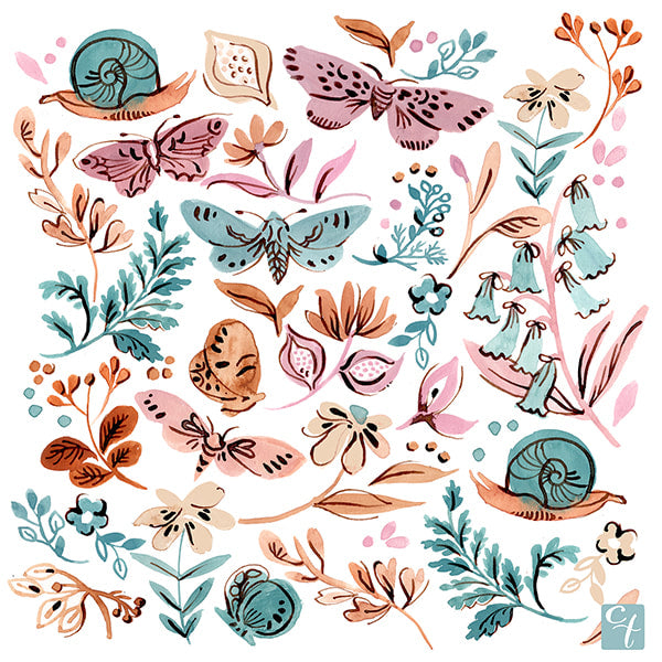 Inky Flowers, Snail and Moth Giclée Art Print