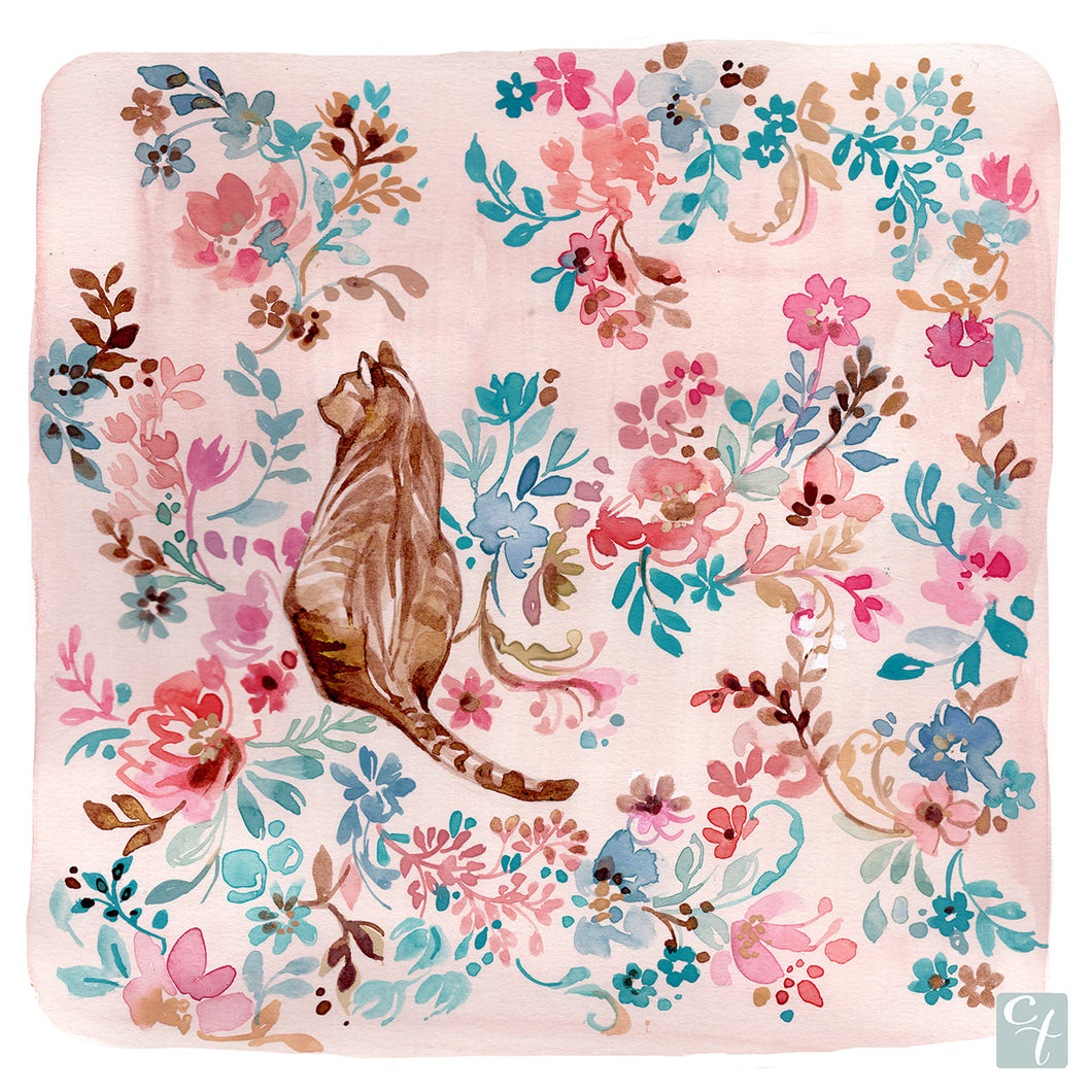 Pink Floral Cat Giclée Art Print