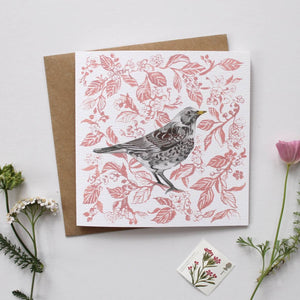 Fileldfare Blossom Bird Illustrated Greetings Card