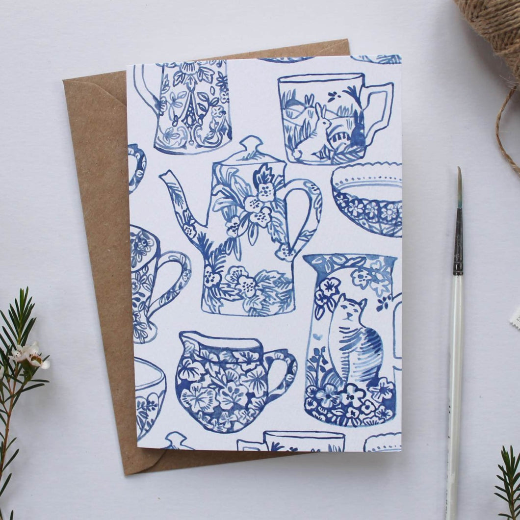 Blue & White Patterned Ceramics Illustrated Greetings Card